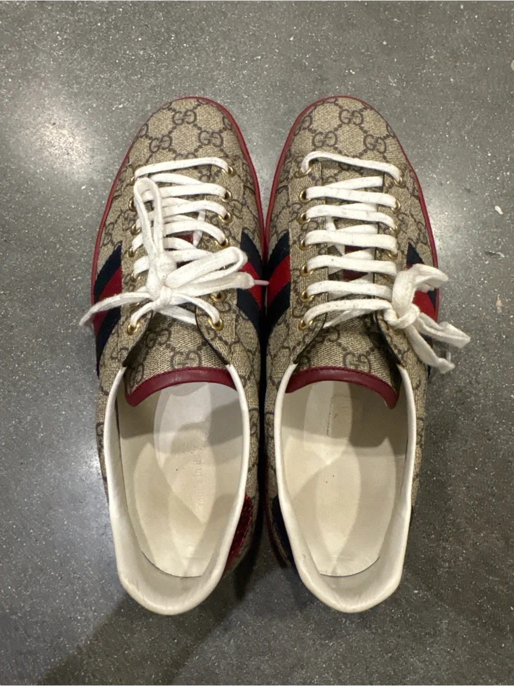 Gucci GG Supreme Canvas Sneakers with Red Trim and Navy Stripes